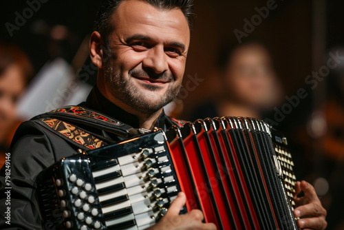 the charismatic presence of a male accordionist during his performance on stage, his eyes conveying passion and artistry, highlighting the artist's talent,