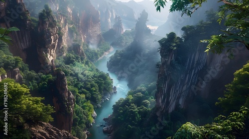 A winding river carving through a rocky canyon, framed by towering cliffs and surrounded by lush vegetation.