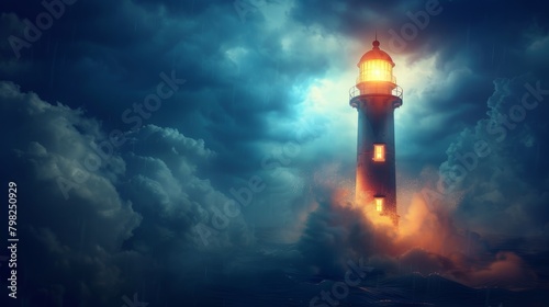 Lighthouse standing strong in storm, enduring waves and winds to keep the beacon shining brightly