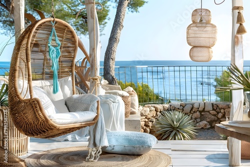 A coastal-themed terrace setup with a wicker swinging chair nestled within a breezy outdoor space, overlooking a tranquil seascape
