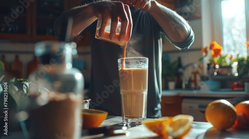 male athlete pours protein powder into a bottle to replace a meal after a workout