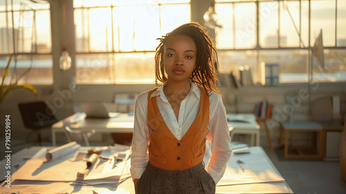 portrait of a black female architect in her architecture design studio, big windows, spacious office, dispatch