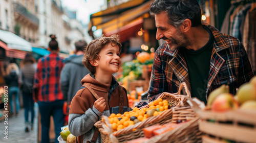 A father and son, tourists in Paris, enjoy a traditional market filled with regional products from France