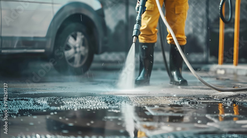 Workers using pressure washer to deep clean driveway for professional cleaning service. Concept Pressure Washing, Driveway Cleaning, Professional Service, Outdoor Maintenance, Workers at Work