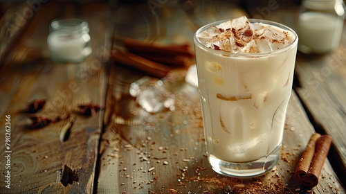Delight in a refreshing glass of horchata served with ice and a sprinkle of cinnamon
