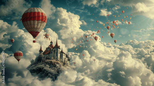 hot air balloon flying in the sky, surreal art, ai