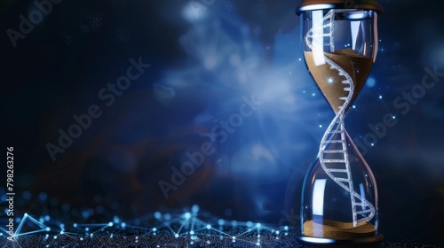 Futuristic hourglass with DNA strand and sparkling blue background