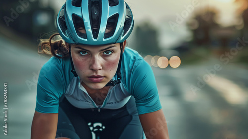 Female cyclist riding bike outdoors