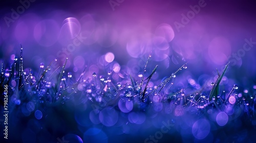 Mystical morning dew on vibrant purple meadow grass