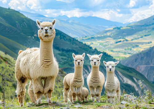 An alpaca family standing in front of the mountains.