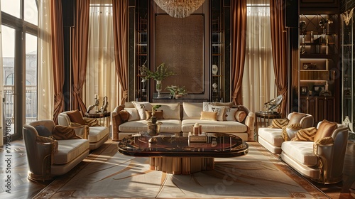 Amidst a backdrop of cascading silk drapes, the furniture gleams with a lustrous sheen, evoking a sense of regal grandeur and understated luxury