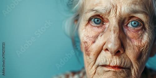 cute pretty old woman with a beaten face and a black eye on blue background. home violence concept
