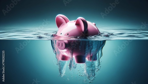 Piggy bank drowning in debt, concept of bankruptcy and losing money