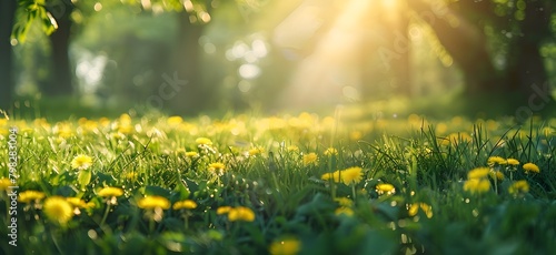 Sunny Spring Meadow Banner: Grass, Flowers, Trees