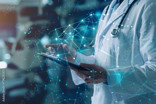 doctor analyzing patient data on clipboard connected to digital health network concept illustration