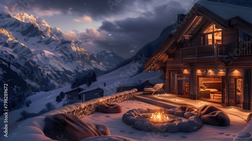A cozy alpine chalet nestled among snow-covered peaks, with a crackling fire pit outside and plush fur blankets inside, inviting cuddles and warmth.