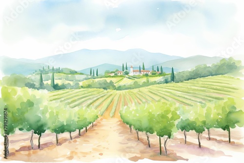 A painting of a vineyard with a path leading through it