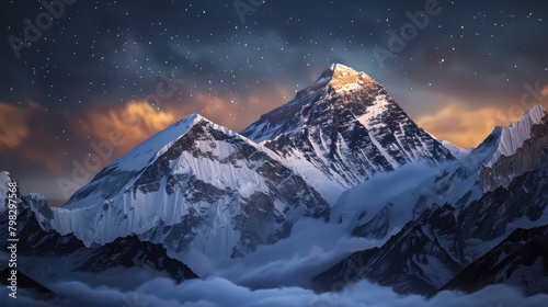 Mount Everest at night with stars on sky , in award winning photography style