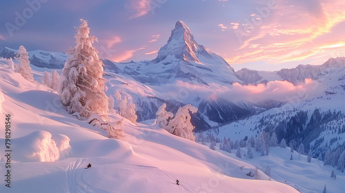 snowboarder in the mountains, swiss alps scenery of the matterhorn at sunset