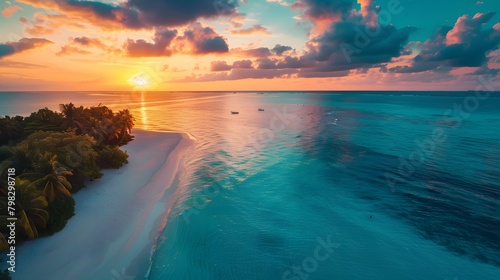 the backdrop of a colorful sunset, the HD camera showcases the stunning beauty of a tropical paradise from above in captivating aerial photography, with palm-fringed beaches