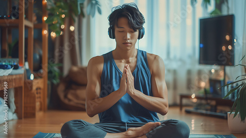 Asian man listening to music with headphone and smartphone after play yoga and exercise at home background with copy space.Exercise for Lose weight, increase flexibility And tighten the shape