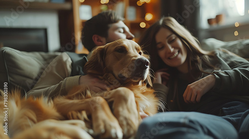 At Home: Happy Couple Play with Their Dog, Gorgeous Brown Labrador Retriever, Boyfriend and boyfriend Tease, Pet and Scratch Super Happy Doggy, Have Fun in the Stylish Living Room
