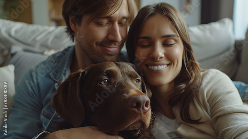 At Home: Happy Couple Play with Their Dog, Gorgeous Brown Labrador Retriever, Boyfriend and boyfriend Tease, Pet and Scratch Super Happy Doggy, Have Fun in the Stylish Living Room