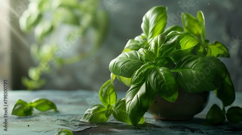 Lush Basil Plant, Aromatic Herb, Essential Cooking Ingredient with Copy Space