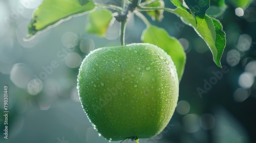 Green apple hangs vertically downward on a branch, with two green leaves, ultra-high-definition vision, realism, background blur. free space for text at the bottom of the photo