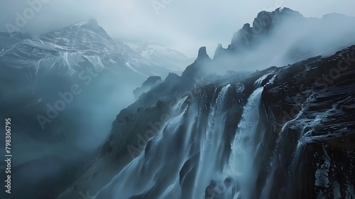 The HD camera captures the ethereal beauty of long exposure landscape photos, with soft, flowing waterfalls cascading down rugged cliffs against a backdrop of majestic mountains