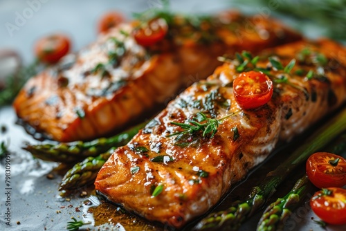 Grilled salmon fillet with asparagus and cherry tomatoes. Seafood Concept with Copy Space. 