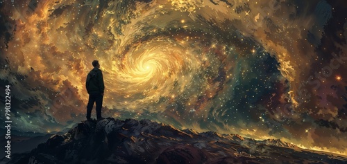 A man stands atop a mountain, dwarfed by the vastness of a spiral galaxy in the night sky
