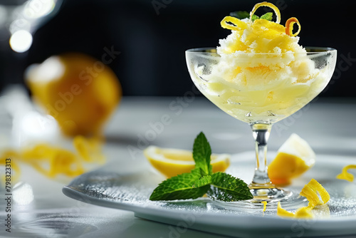 refreshing lemon sorbet in glass garnished with mint and lemon zest