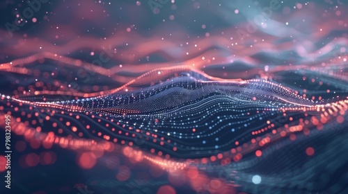 In a sea of soft focus pixelated lines and dots come together to form a soothing yet mesmerizing scene of streaming data in a dreamlike state. .