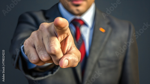 Illustration of a man in a suit with an accent on a finger pointing forward as a message