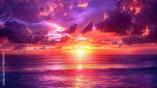 Sunset on the ocean with purple, orange and blue lights colouring the sky. Monsoon clouds surrounding golden setting sun. Far away it's raining at the horizon