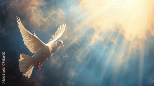Dove in sky with light shining down banner backdrop copy space
