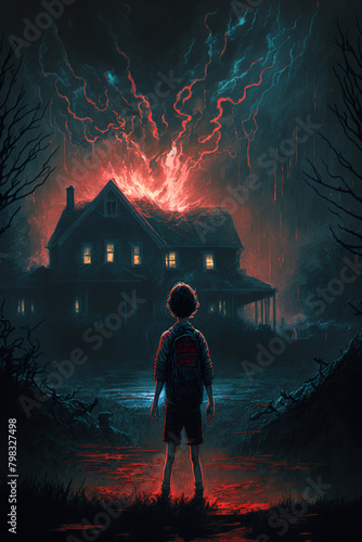 A boy going to enter a horror house