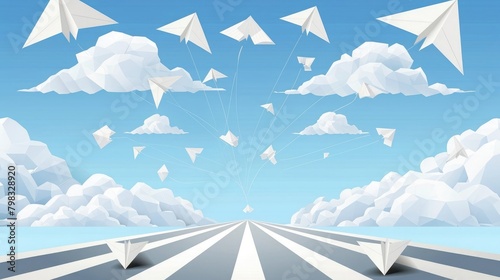 with flying paper airplanes leading towards a horizon,on white transparent background