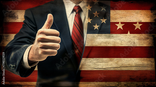 Abstract close-up illustration of a politician in a suit with the left side symbolically as a flag as an association of upcoming elections and a strong thumbs up as confirmation of success