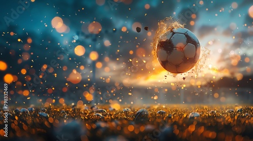 Dramatic scene of a decisive penalty kick in a soccer game, the ball mid-air heading towards the goal under a night sky
