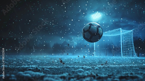 Dramatic scene of a decisive penalty kick in a soccer game, the ball mid-air heading towards the goal under a night sky