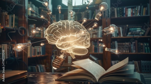 Dynamic image of a brain made of light bulb filaments, surrounded by books and floating digital screens, illustrating the flow of thoughts and innovation