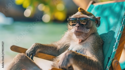Funny animal monkey summer holiday vacation photography banner background - Closeup of monkeys with sunglasses