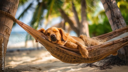 Golden retriever sleeping in a hammock on the beach under a palm tree