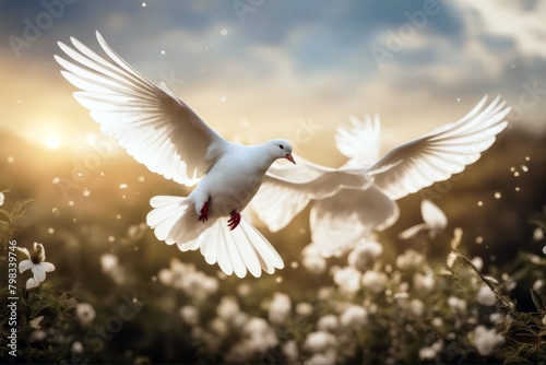 'white 2 flight dove pigeon bird fly flying angel angelic faith holy spirit spiritual religion religious peace hope wing feather tail up soaring graceful pure purity free freedom nature isolated'