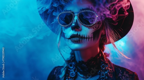 Fashion forward image of a woman in a chic outfit complemented by sophisticated skull makeup, standing under moody lighting