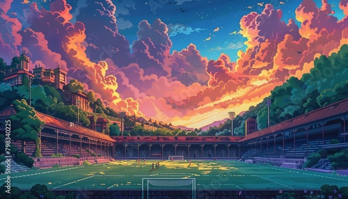 Illustrate a panoramic view of a soccer stadium during a decisive goal moment, rich in vibrant colors and intricate details in a pixel art style