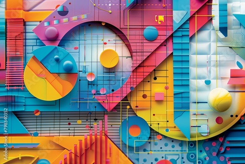 A mural of bright, abstract geometric shapes intertwining in a complex, multi-layered 3D composition with striking colors.