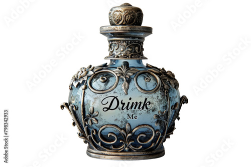 Vintage "Drink Me" potion bottle with intricate blue scrollwork isolated on transparent background. Fantasy and magic concept. Design for poster, banner, invitation